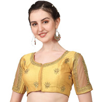 Pujia Mills Women's Multicolor Temple Embroidery Net Back Sequence Khatli Work Sleeves Design Phantom Silk Readymade Saree Blouse (Temple Blouse_Gold_38 Size+Margin)