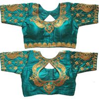 Pujia Mills Women's Multicolor Phantom Silk Water Drop Back Neck Peacock Embroidery Stone Work Sleeves Readymade Saree Blouse (Murari Blouse_Rama_38 Size+Margin)