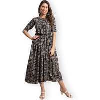 Preneum Girls's Georgette Floral Printed 3/4 Slevees A-Line Fit & Flare Gown With Belt, Navy Blue, S