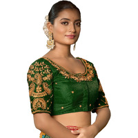 Pujia Mills Women's Readymade Blouse Embroidery Multi Coding Maggam Work Sequence Work Indian Ethnic Designer Stitched Readymade Saree Half Sleeve Green Blouse For Women For Saree Lehenga Choli