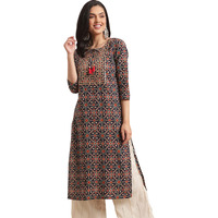 Rytras Women's Cotton Printed Straight Kurta(Ryt310_Blue_Large)