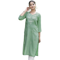 Sanisa Women's Cotton Blend Chikankari Embroidery Straight Kurti (476K10043N-S_Pista Green)