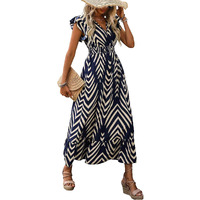 Shasmi Women's & Girl's Navy Blue V-Neck Striped Printed Dress With Ruffled Hem And Belted Waist For Vacation, One Piece Dress For Women's Casual Dress (Dress 140 N Blue-M)
