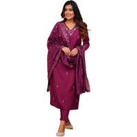 Shiv Textiles Embroidery Wine Kurta Trousers With Dupatta Striped Viscose Silk Blend Three-Quarter Sleeves Kurta Sets For Womens(Jd-Zarana-Wine-M)