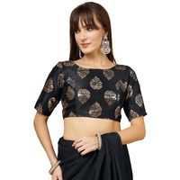 Oomph! Women's Indian Ethnic Wear Designer Big Paisley Pattern Zari Work Boat Neck Half Sleeve Jet Black Color Brocade Readymade Blouse For Saree Or Lehnga And Fusion Twist. S