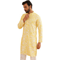 Sojanya (Since 1958 Men's Cotton Gold Sequinned Embroidered White & Yellow Long Kurta