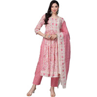 Stylum Women's Floral Printed Cotton Naira Cut Kurta Pant Dupatta Set (Kpdgoher44_Pink, Xxl)