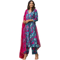 Tee Projekt Women's Cotton Blend V-Neck Anarkali Kurta Pant With Dupatta Set