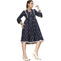 Stylum Women's Khadi Printed Cotton Flared Dress (Drsbluehampi34_Blue, Xs)
