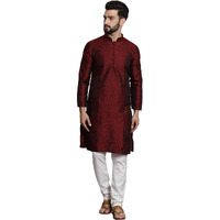 Sojanya (Since 1958 Men's Silk Blend Maroon Self Design Kurta And White Churidar Pyjama