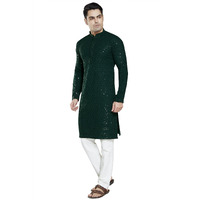 Divisive Men's Sequince Embroidered Cotton Blend Slim Fit Kurta Pyjama Set (Dkrt30_M_Bottle Green)