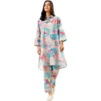 Gufrina Women's Pastel Abstract Printed Long Kurta Set With Matching Straight Pants  Full Sleeve Rayon Casual Wear (Sky Blue M)
