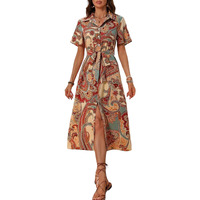 Gufrina Women's Half Sleeve Collar Neck Dress - Elegant Button-Down Midi Dress With Paisley Print And Tie-Up Belt (Beige L)