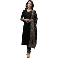 Ishin Women's Viscose Rayon Straight Solid Gotta Patti Ethnic Motifs Print Black Kurta Suit Set With Trouser Kpdhvka-Ff-7008_Xxl_Black
