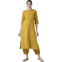 Ishin Women's Cotton Mustard Yellow Embroidered A-Line Kurta Set With Salwar