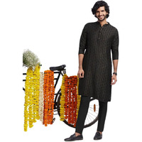 Kisah Men's Kurta Trouser Set, Black Cotton Blend, Ethnic Motifs Regular Fit Mandarin Collar Long Sleeves (L)
