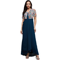 Miss Chase Women's V-Neck Half Sleeve Embroidered Layered Maxi Georgette Dress (Mcss23D98-63-306-03, Multicolored-Base-Teal, S)