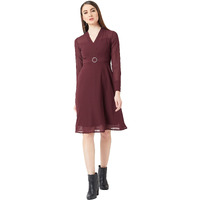 Miss Chase Women's Wine Red V-Neck Full Sleeve Solid Fit & Flare Midi Dress(Mcss20D14-39-184-04_Maroon_M)