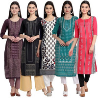 Pinkmint Women's Printed Kurti For Women's Round Neck Straight Kurti For Women (Pack Of 5)