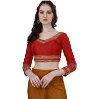 Pujia Mills Women's Milan Silk Heavy Embroidery With Sequins Worked Full Sleeve Fancy Saree Blouse Red(Charlie Red)