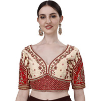 Pujia Mills Women's Heavy Embroidery Coding With Sequins Work Half Sleeves Fancy Readymade Saree Blouse(Rajwadi Cream_42)