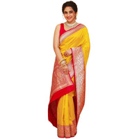 Satrani Women's Silk Weaving Kanjivaram Saree With Unstitched Blouse Piece (4181S111N_Yellow & Red)