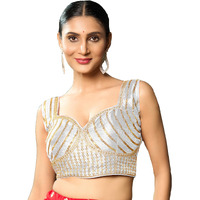 Pujia Mills Women's Readymade Blouse Embroidery Multi Coding Gold Thread Indian Ethnic Designer Stitched Readymade Saree Sleeveless White Blouse For Women For Saree Lehenga Choli