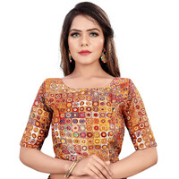 Pujia Mills Women's Multicolor Banglori Silk Digital Print Elbow Sleeve Length Readymade Saree Blouse (36, Multicolor 4)