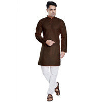 Divisive Men's Plain Cotton Blend Linen Slim Fit Kurta Pyjama Set (Dkrt51_M_Coffee)