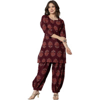 Rytras Women's Pure Cotton Printed Straight Kurta Set With Palazzo Pants - Ethnic Wear, Maroon(Ryt593,Xl)