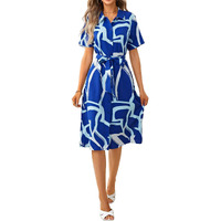 Shasmi Women's & Girl's Pista Dress For Women L One Piece Dress For Women L Beach Dress For Women, Solid Printed Tie Front Collared V Neck Midi Dress (Dress 116 Blue-L)