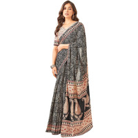 Satrani Women's Pure Cotton Printed Saree With Unstitched Blouse Piece (3885S379N_Black & Cream)