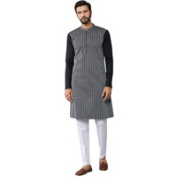 See Designs Men's Long Sleeve Mandarin Collar Side Slit Black Thread & Sequin Worked Pure Cotton Straight Kurta - Sdkt2527Xl