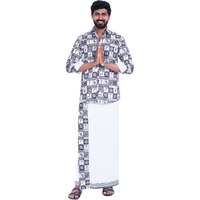 Prakasam Cotton Mens Colour Onam Special Printed Full Sleeve Slim Fit Multi Colour Shirt Matching With Border Single Dhoties For Mens
