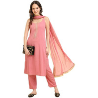 Varanga Women Mauve Straight Kurta With Tonal Bottom And Dupatta, Lace And Gotta Detailing On Yoke, Spaghetti Strap Design