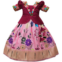 White Button New South Indian Traditional Collar Digital Pattu Pavadai Lehenga Choli For Girls Dress (7-8 Years, Maroon,Peach) | Material: Satin | Finish Type: Readymade