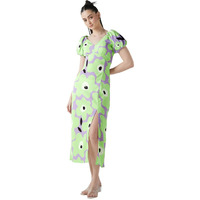 Bewakoof Women's All Over Printed Oversized Fit Half Sleeve V-Neck Poly Blend Dress_635471_Green_M