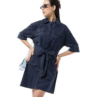 Bewakoof Women's Solid Oversized Fit Half Sleeve Collared Neck Cotton Blend Dress_628202_Blue_M