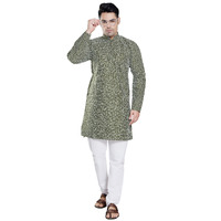 Divisive Men's Khaddi Printed Cotton Blend Slim Fit Kurta Pyjama Set (Dkrt96_M_Mehendi)