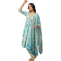 Greciilooks Women Semi Cotton Alia Cut Regular Fit Kurta Set (Sky Blue, Large)