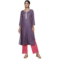 Ishin Women's Silk Floral Purple Straight Kurta