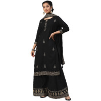 Ishin Women's Pure Cotton Embroidered A-Line Kurta Suit Set With Dupatta & Sharara Kpldpramffmp-989_Xxl_Black