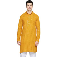 Jompers Mens Mustard Chikankari Embroidered And Sequence Kurtas (Mustard, Xl)