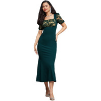 Miss Chase Women's Square Puff Sleeve Solid Lace Overlaid Ankle Length Dress (Plus (Mcss22D13-48-42-06, Dark Green, Xl)