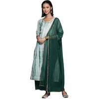 Varanga Women Straight Kurta With Round Neck Paired With Green Solid Palazzo And Green Solid Dupatta.