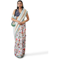 Womanista Women's Ready To Wear Multi Color Abstract Digital Printed Poly Cotton Saree(Ti6790_Off White_Onesize)