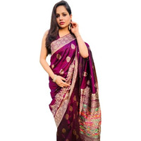 Flosive Women's Present Banarasi Soft Lichi Silk Saree Beautiful Jacquard Rich Pallu Design Work Zari Woven Kanjivaram Silk Style Saree With Soft Lichi Silk Blouse Piece Ayn Royal Wine Flower & Butti