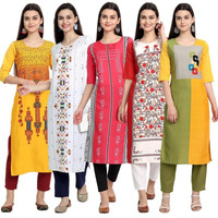 Pinkmint Women's Printed Kurti For Women's Round Neck Straight Kurti For Women (Pack Of 5)