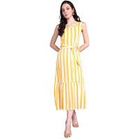 Popwings Women Casual Yellow & White Stripe Long Belt Dress | Women Dress | Women Latest Stylish Trendy Dress