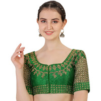 Pujia Mills Women's Phantom Silk Floral Half Sleeve Saree Blouse (Jali Blouse Variation_Green_38 Size+Margin)